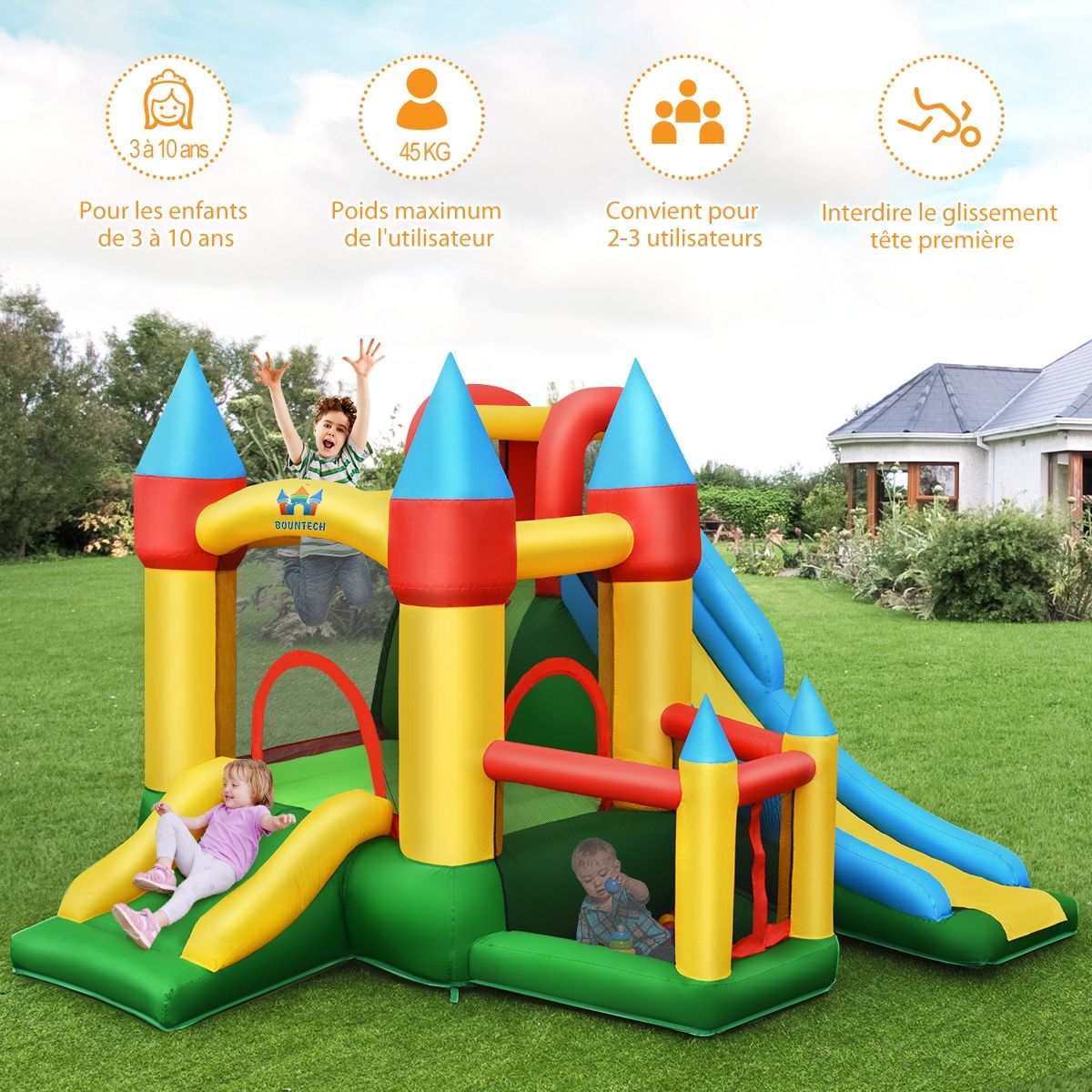 Château Gonflable avec Souffleur pour Enfants de 3 à 10 Ans avec Plusieurs Types de Jeu Différents 330 x 300 x 210 cm -