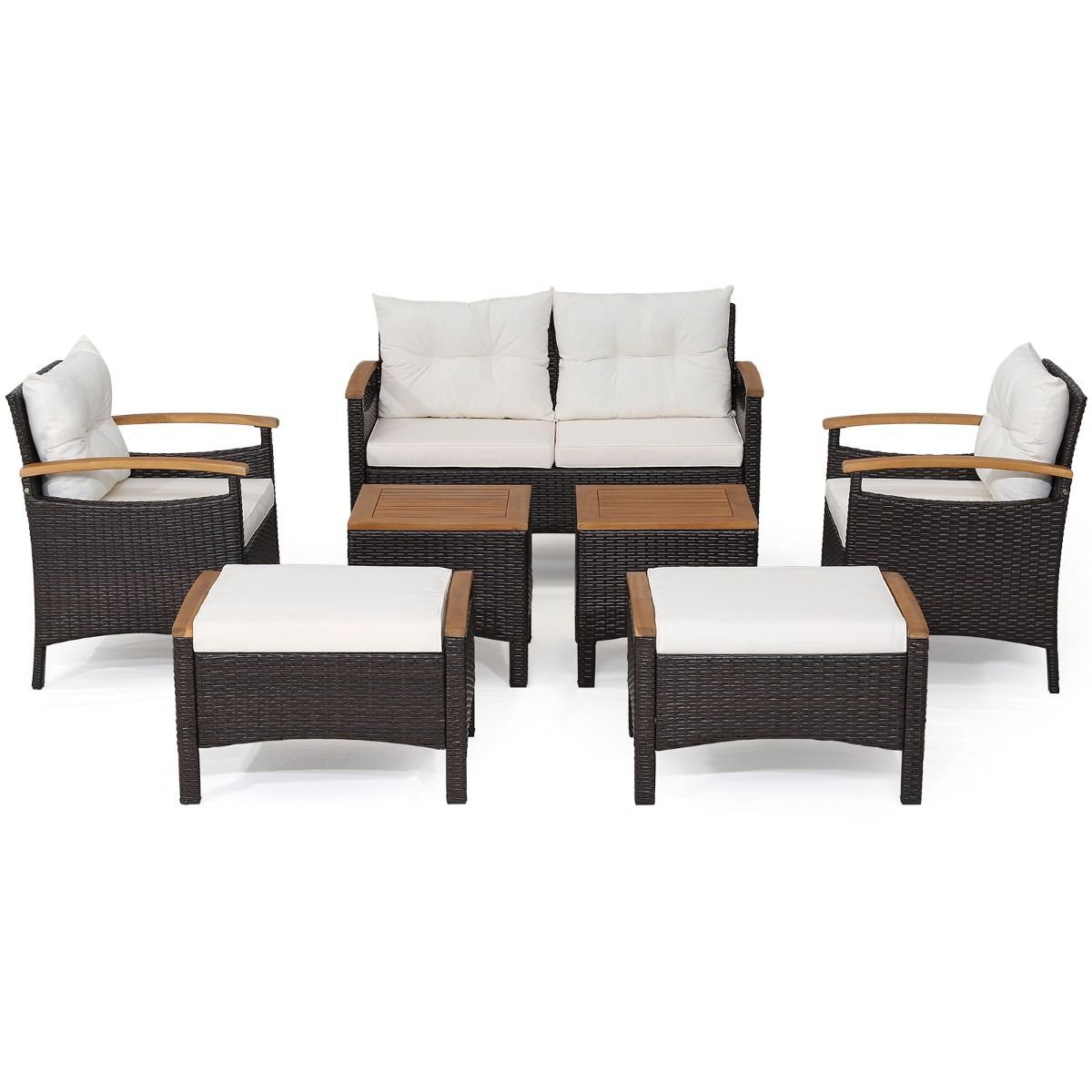 Ensemble de Canaps de Patio en Rotin PE 7 Pices avec Coussins d'Assise et de Dossier 2 Poufs 2 Tables Basses Plateau de Table -