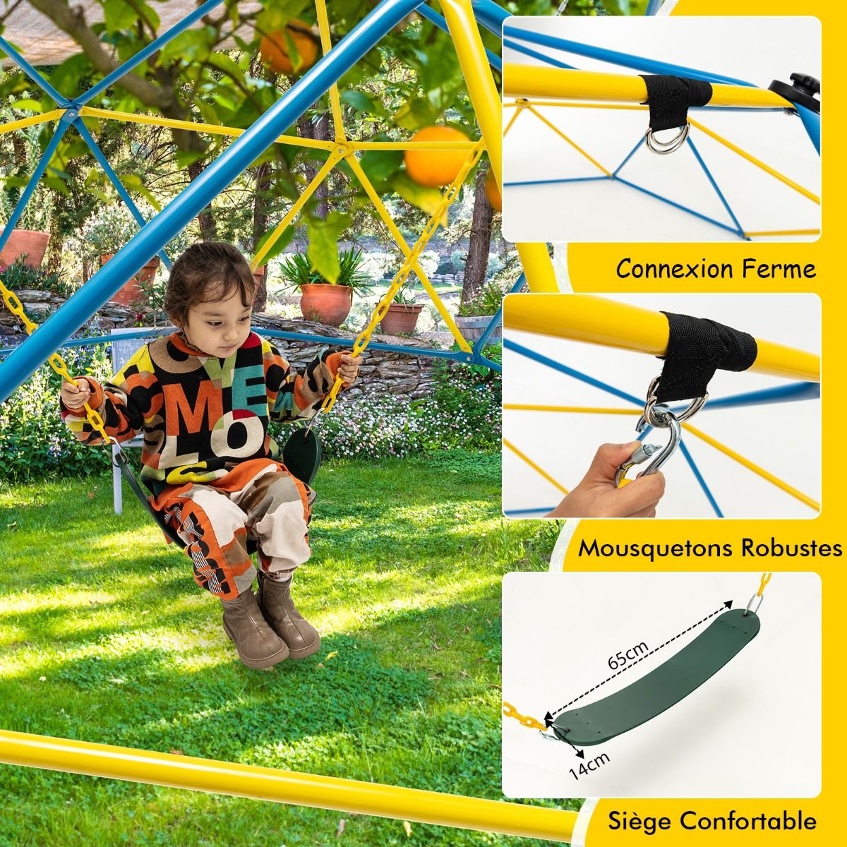 Dôme d'Escalade de 305cm avec Balançoire Cage d'Escalade en Métal Charge Max 363 kg Intérieur Extérieur pour Enfants de 3-10 Ans Jaune/Rouge -