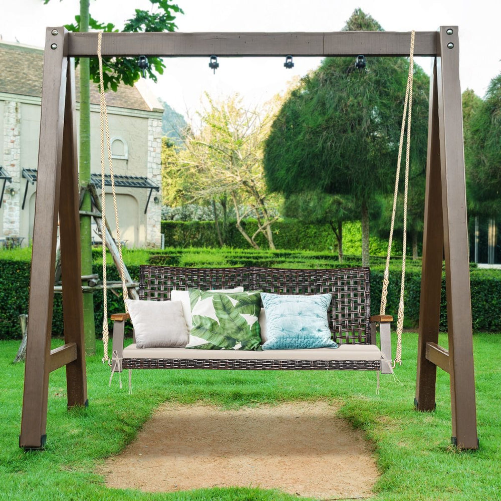 Banc Suspendu de Jardin en Rotin 2 Place Accoudoirs en Bois d'Acacia Cadre en Métal Coussin Cordes Crochets Blanc/Noir -