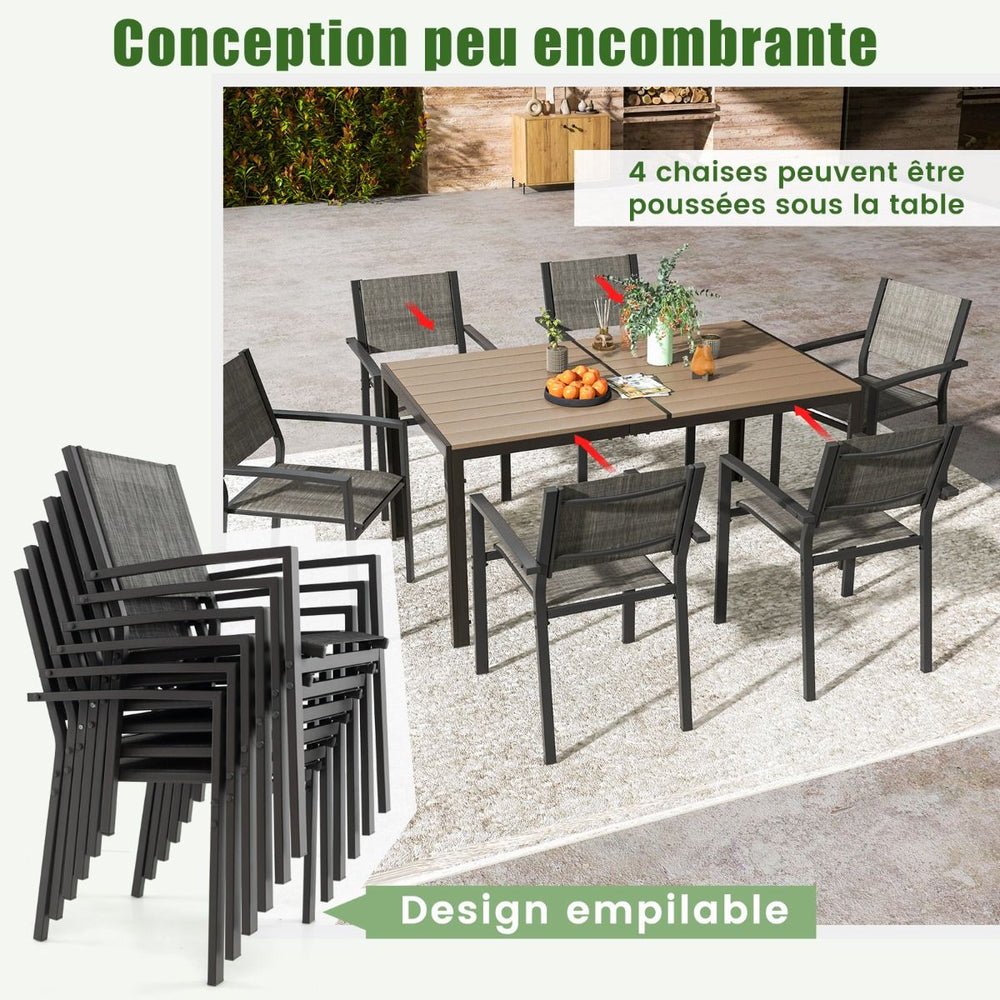 Ensemble de Meubles de Patio 7 Pièces pour 6 Personnes Salon de Jardin avec 6 Chaises Empilables et Table Rectangulaire Gris -