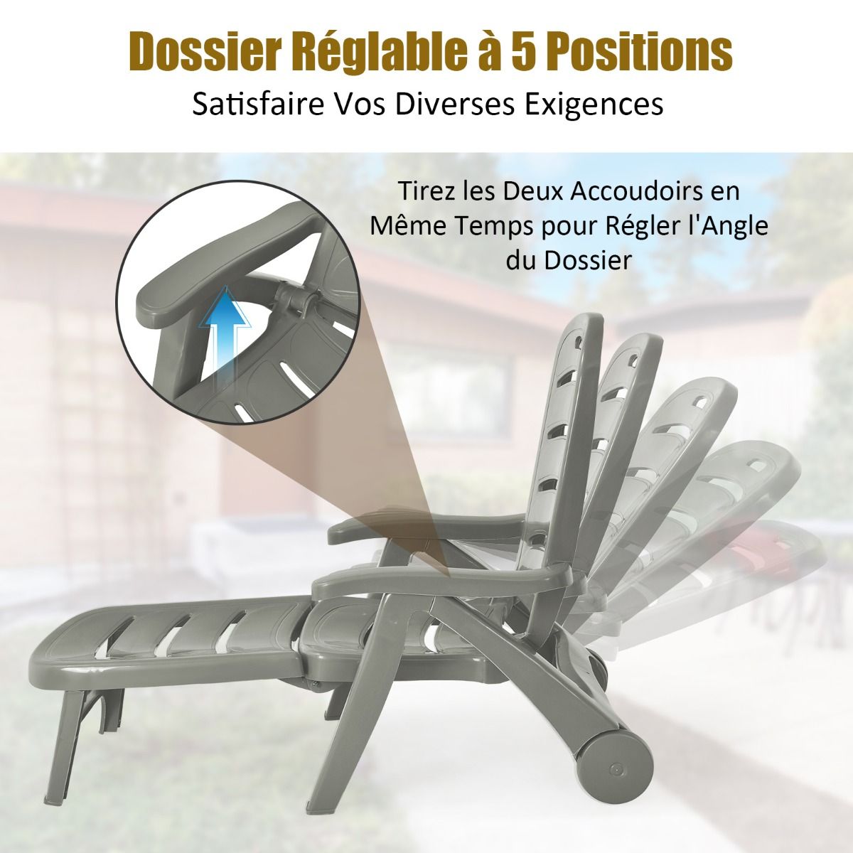 Chaise Longue Pliable Dossier Inclinable à 5 Positions avec Roues Intégrées pour Terrasse Jardin Piscine 150 kg Gris/Blanc/Bleu -