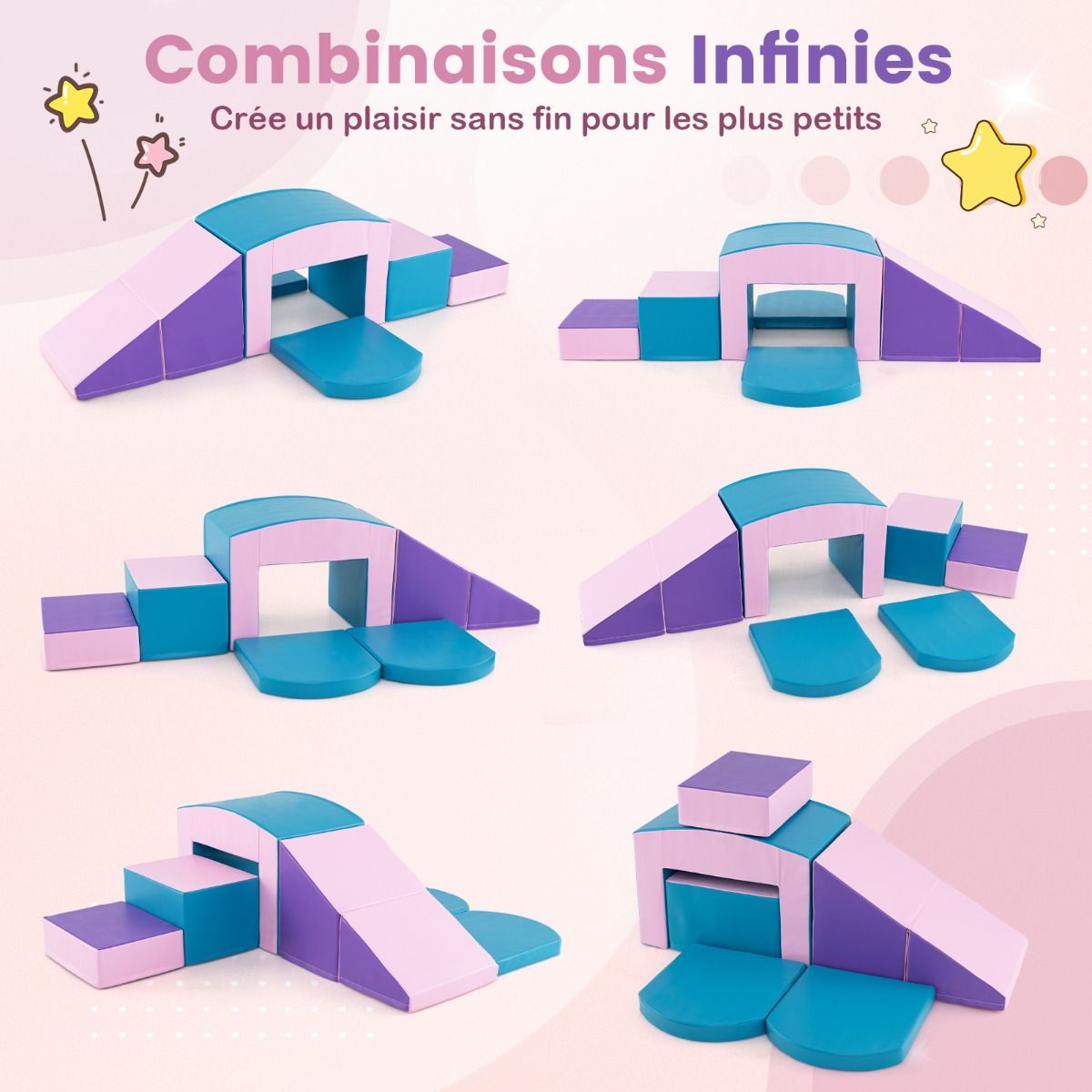 6 Blocs d’Escalade en Mousse Jeu d’Escalade pour Tout-Petits Jeu d’Activité d’Escalade Coloré Tunnel Escaliers et Rampe pour 12+ Mois Coloré/Bleu/Violet -