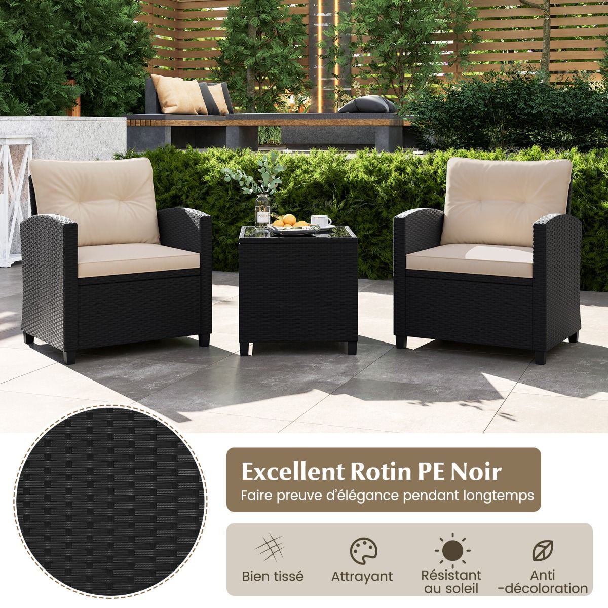 Ensemble de Meubles 3 Pièces de Patio en Rotin Charge 180KG Salon de Jardin 2 Fauteuils Table Basse avec Plateau Noir/Beige/Blanc -