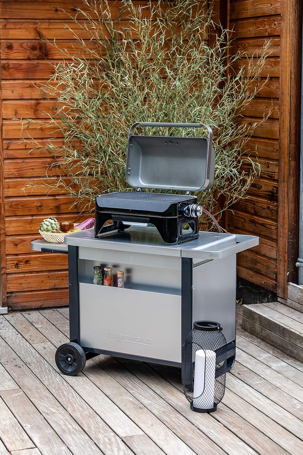 Attitude2go,Barbecue de Table  Faible fume,BBQ Portable, Couvercle,thermomtre,et Grille en Fonte,Alimentation : Cartouche de gaz CV 470 Plus,Gris