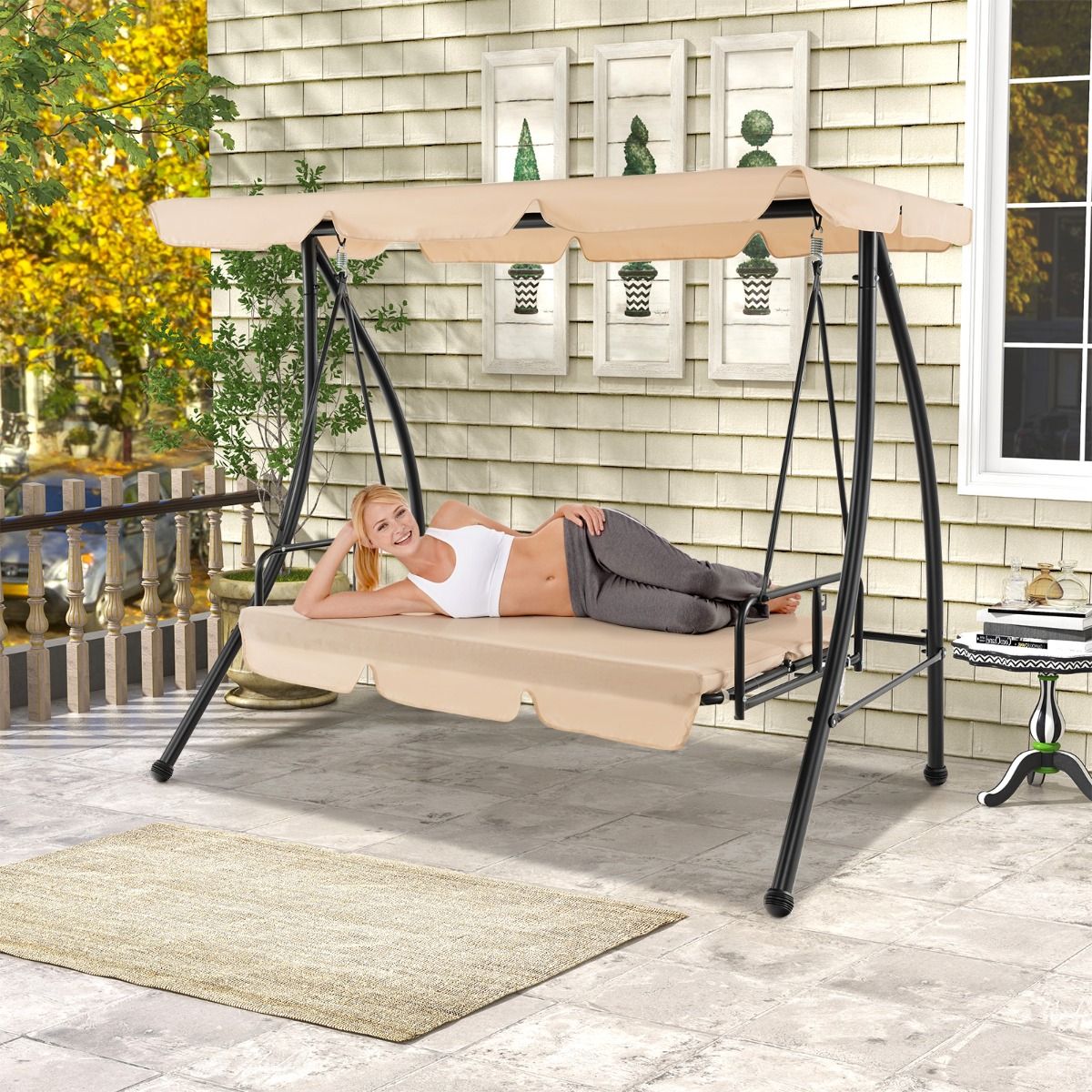 Balancelle d'Extrieur Convertible 2 Places avec Lit Plat Hamac de Terrasse avec Auvent Rglable et Coussin Amovible Pour Jardin -