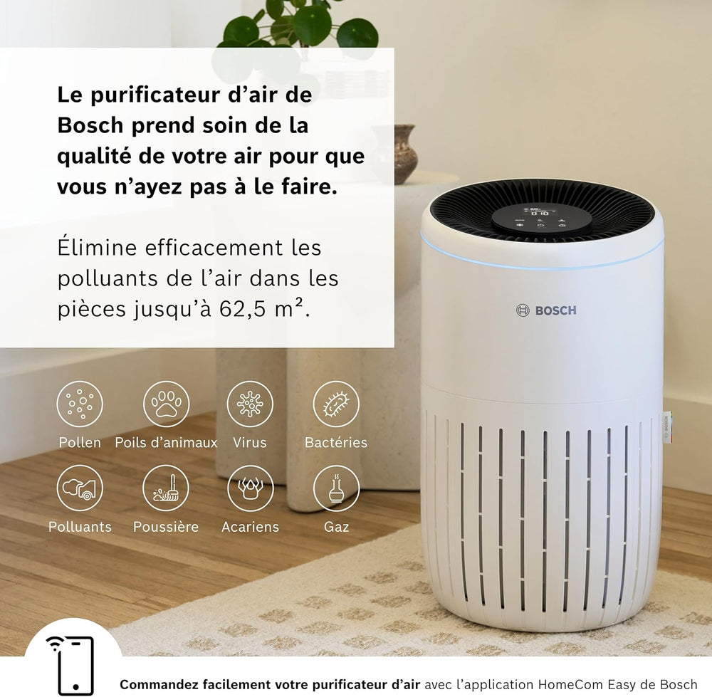 Bosch Air 4000i - Purificateur d'air intelligent - Couvre 62,5 m² - Filtre efficacement plus de 99% des polluants - Mode Auto/Sommeil (< 25 dB(A)) - CADR : 300 m³/h - Connectivité avec écran et app