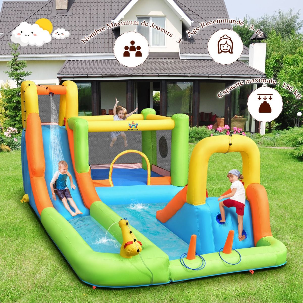 Château Gonflable 8 en 1 avec 2 Toboggans Parc Aquatique avec Maison de Saut Charge 135kg pour 3 Enfants de 3-10 Ans -