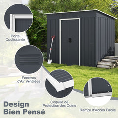 Abri de Jardin Métal 2,4 ㎡ Toit Monopente Cabane de Jardin 2 Portes Coulissantes Verrouillables Fondation 2 Trous d'Aération Gris -
