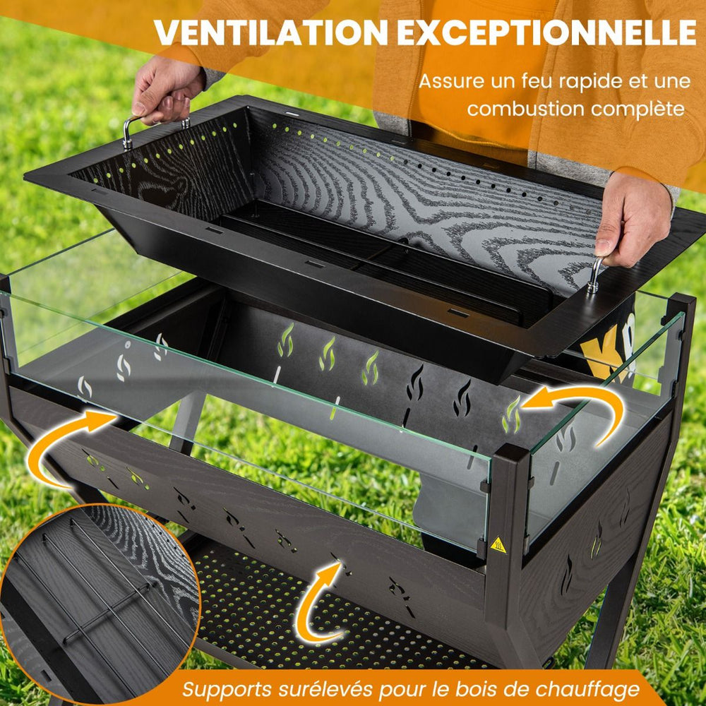 Barbecue  Charbon de Bois Gril au Charbon de Bois en Acier Inoxydable avec Pare-vent Supports d'Assaisonnement tagre de Rangement Marron -