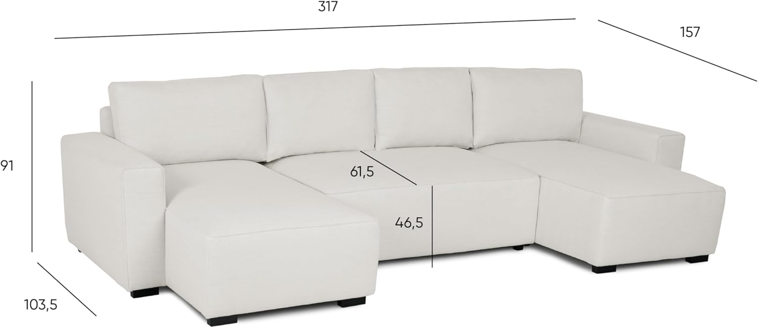 Budwing Jordan Canapé-lit 5 Places – Chaise Longue Panoramique, Confort Premium – Style Contemporain, Tissu 100% Polyester – 317x157x91 cm – Beige Clair