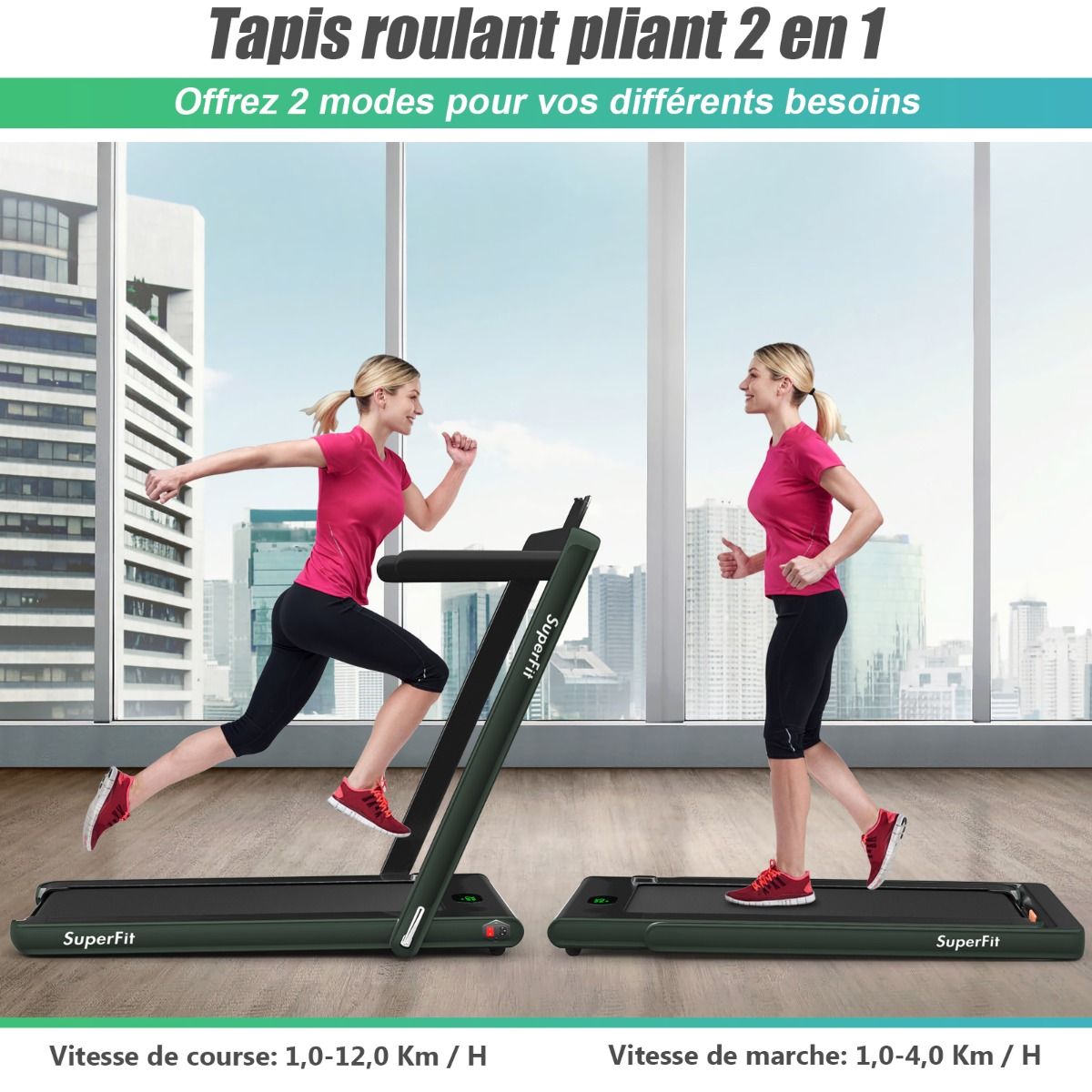 2 en 1 Tapis de Course Electrique Pliable 1  12 Km/H avec Haut-parleur Bluetooth Tlcommande Moteur 0,75HP Vert/Blanc/Noir/Rouge/Or/Noir et Argent/Bleu -
