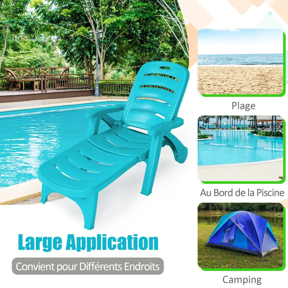 Chaise Longue Pliable Dossier Inclinable  5 Positions avec Roues Intgres pour Terrasse Jardin Piscine 150 kg Gris/Blanc/Bleu -