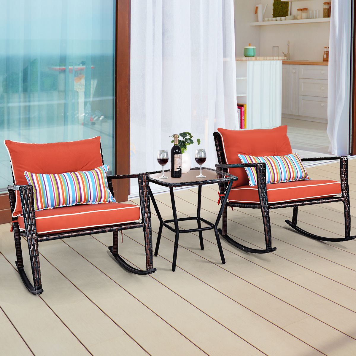 Ensemble de Jardin avec 2 Fauteuils à Bascule et 1 Table Basse en Verre Trempé Tous Coussins Inclus en Rotin PE -