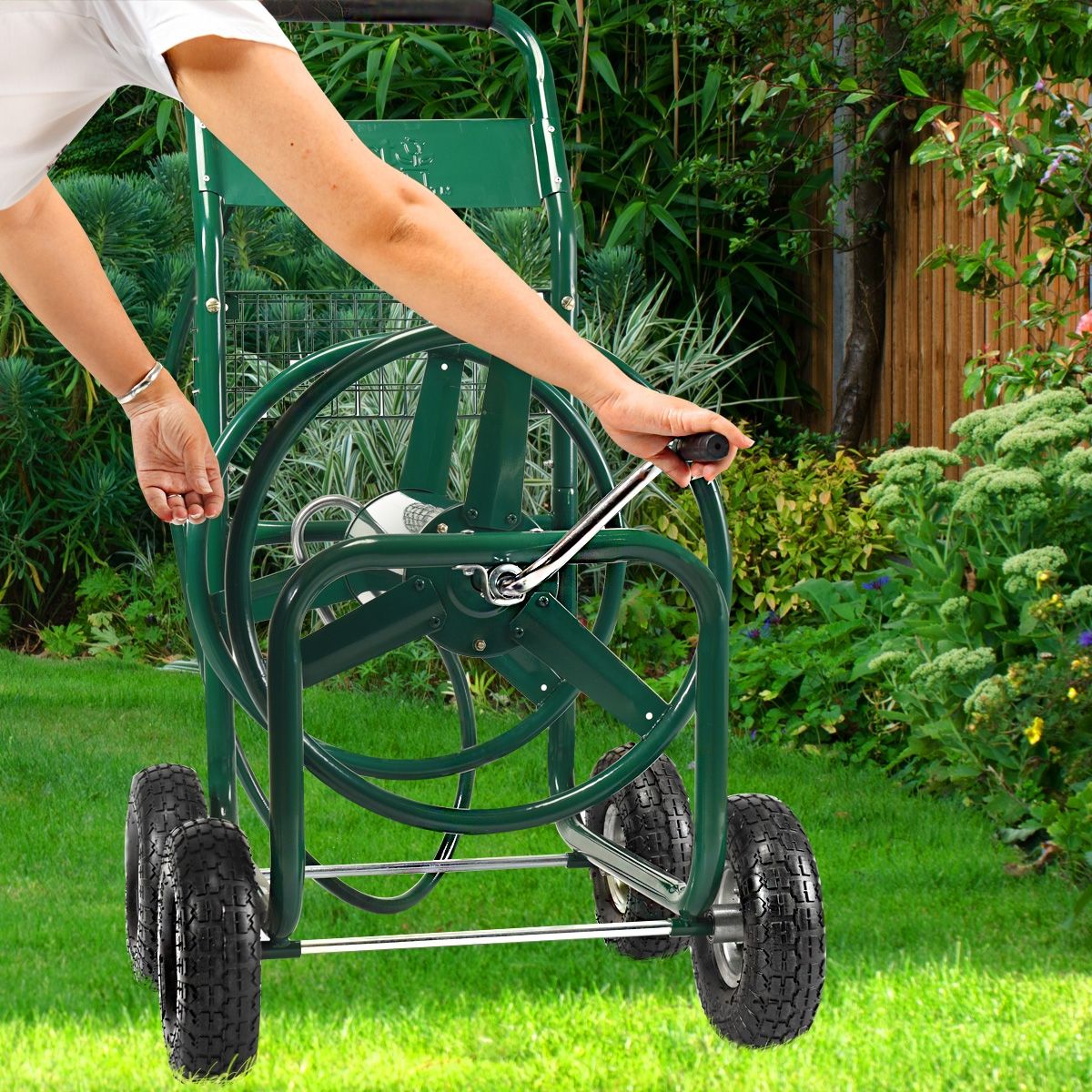 Dvidoir de Tuyau d橝rrosage avec 4 Roulettes Chariot pour 1.7m de Tuyau d橝rrosage Panier,95x62x113cm,Vert -