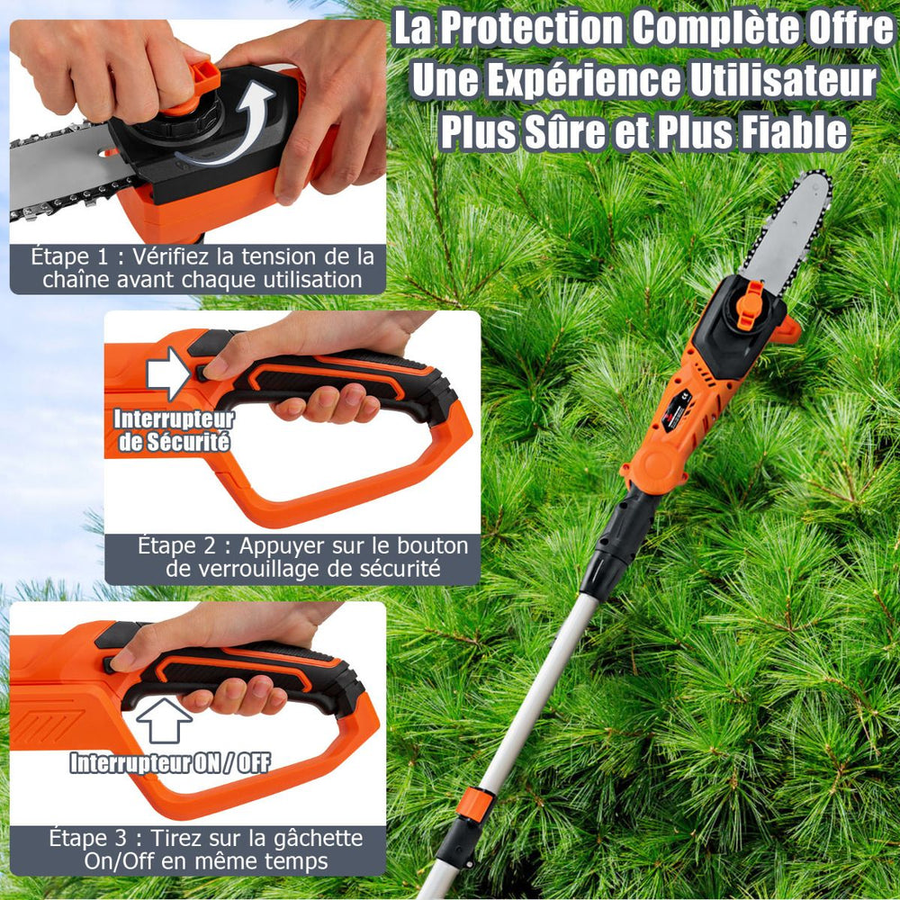 Élagueuse Télescopique sur Perche sans Fil 198 -274 cm Coupe Branche avec Batterie 20V et Chargeur Orange -
