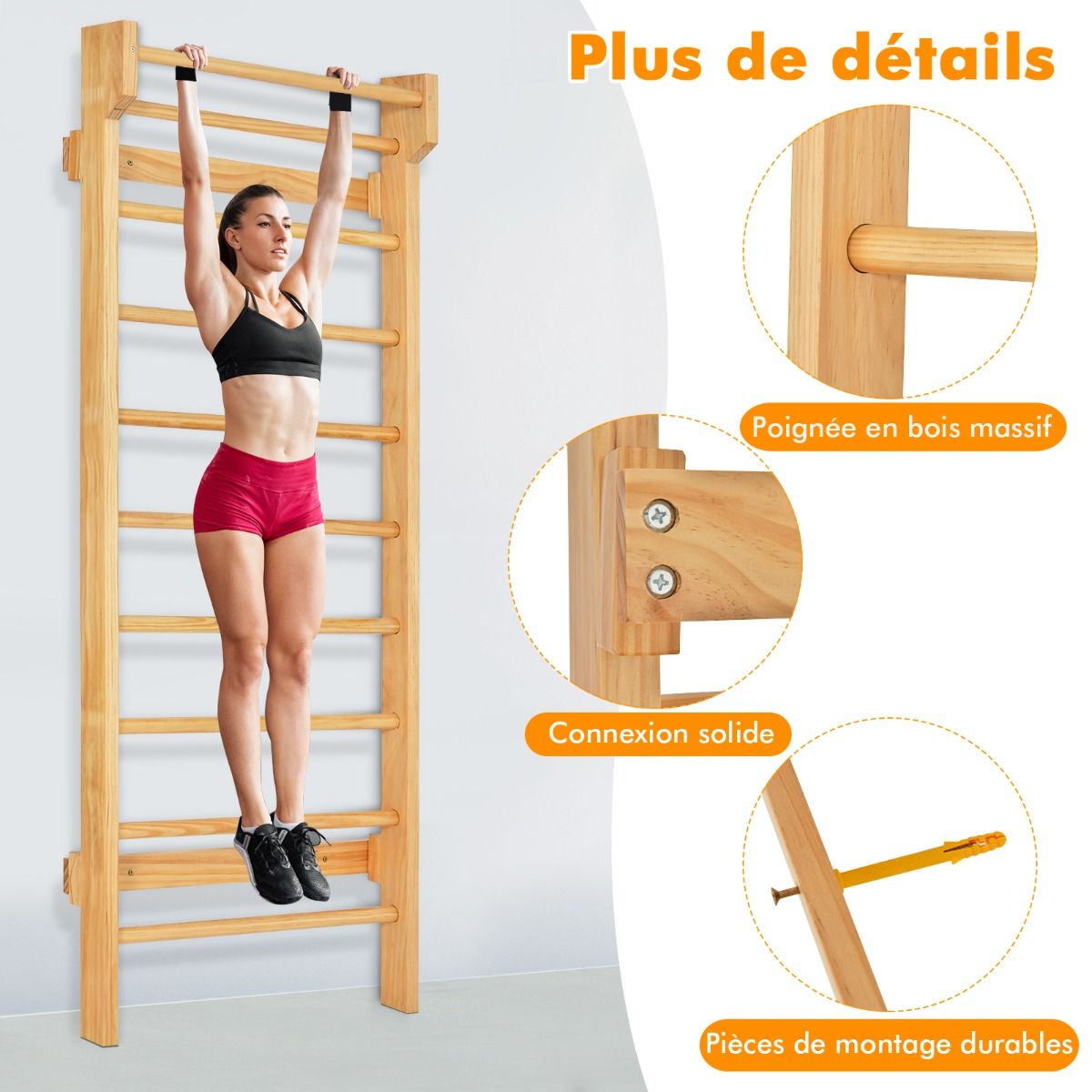 Espalier Mural Espalier de Gymnastique Capacité 150 kg Diamètre Barre 3,3 cm en Bois de Pin 195x80x14cm Naturel -