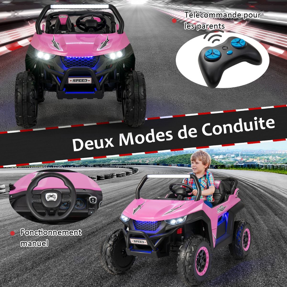 Voiture lectrique Enfant 12 V Tlcommande pour 3-8 Ans 2 Vitesses Ressort de Suspension Charge 59KG 118x74x71CM Noir/Rose/Rouge -