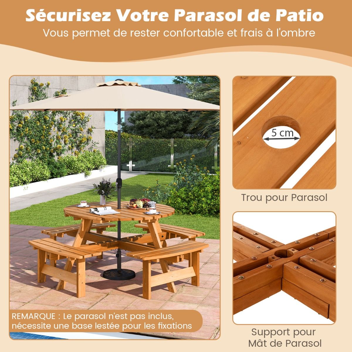 Ensemble Table de Pique-Nique en Bois pour 2  8 Personnes Set Table et Banc Circulaire avec 4 Bancs Intgrs Trou de Parasol de 5cm Marron/Jaune -