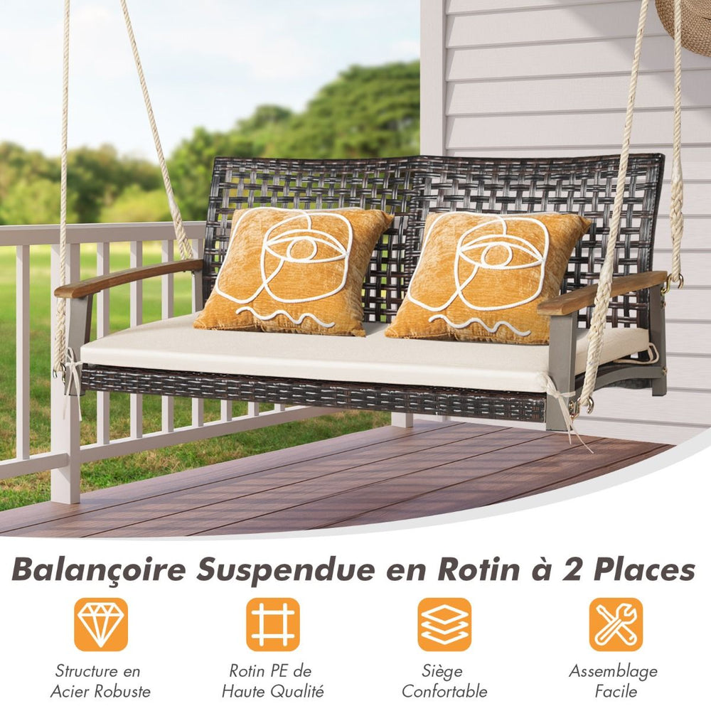 Banc Suspendu de Jardin en Rotin 2 Place Accoudoirs en Bois d'Acacia Cadre en Mtal Coussin Cordes Crochets Blanc/Noir -