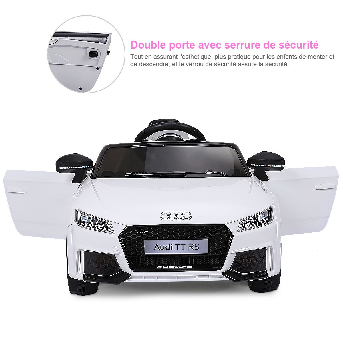 Voiture TTRS Electrique pour Enfants 12V Max. 5 Km/h Double Porte avec Tlcommande 2.4G Blanc/Rouge -