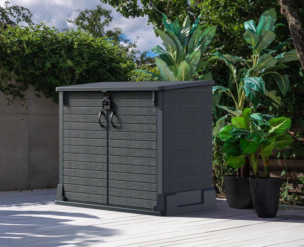 Duramax StoreAway 1200L Plastic Garden Shed/ Flat Lid,Outdoor Storage Shed,Wheelie Bin Hideaways,Wheelie bin box,Durable Construction,Ideal for Bikes,BBQs & 2x 240L Bins,145x85x125 cm,Brown