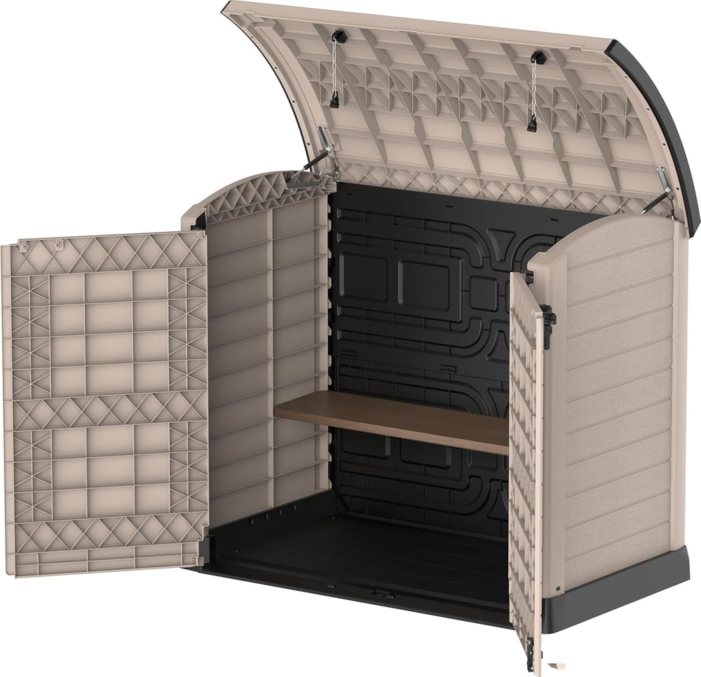 Duramax StoreAway 1200L Plastic Garden Shed/ Flat Lid,Outdoor Storage Shed,Wheelie Bin Hideaways,Wheelie bin box,Durable Construction,Ideal for Bikes,BBQs & 2x 240L Bins,145x85x125 cm,Brown