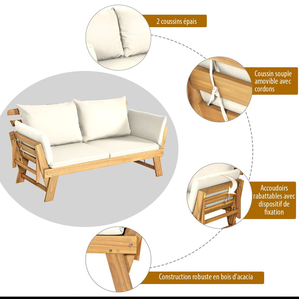 Chaise Longue Convertible avec Coussin Canapé de Jardin 2 en 1 en Bois d’Acacia avec Accoudoir Réglable pour Patio Piscine Jardin Blanc/Gris/Bleu/Rouge -