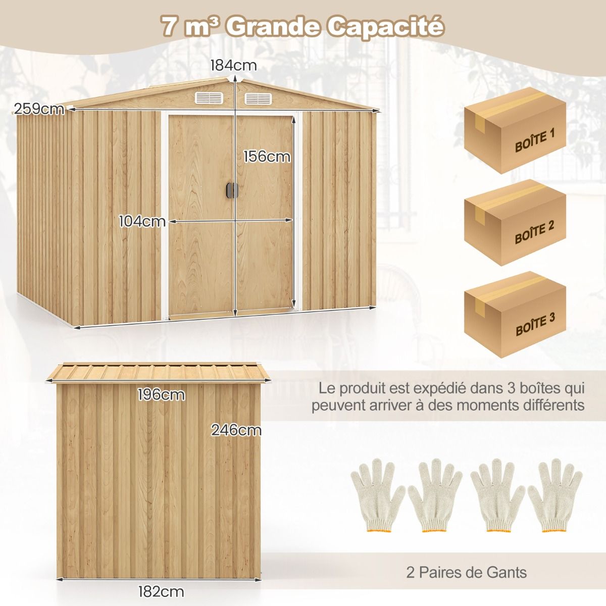Abri de Rangement 259cm x196cm avec Base de Fondation Maison à Outils en Métal Galvanisé avec 4 Aérations Imperméable et Coupe-vent Naturel -