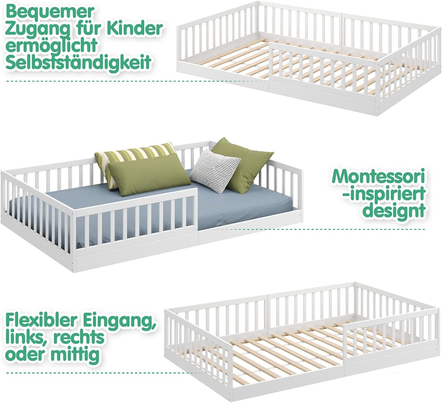 CADANI Timi 2en1 Lit au Sol 120x200 cm Lit Enfant Montessori avec Barrière de Sécurité et Sommier à Lattes, Bois Massif Pin, Blanc, 3 Variantes de Construction, Transformable