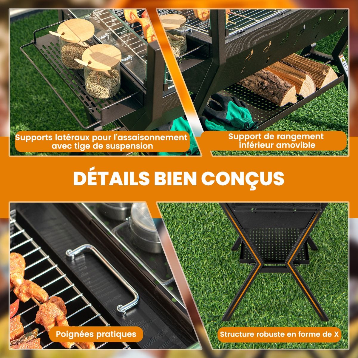 Barbecue  Charbon de Bois Gril au Charbon de Bois en Acier Inoxydable avec Pare-vent Supports d'Assaisonnement tagre de Rangement Marron -
