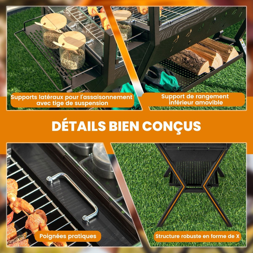 Barbecue  Charbon de Bois Gril au Charbon de Bois en Acier Inoxydable avec Pare-vent Supports d'Assaisonnement tagre de Rangement Marron -