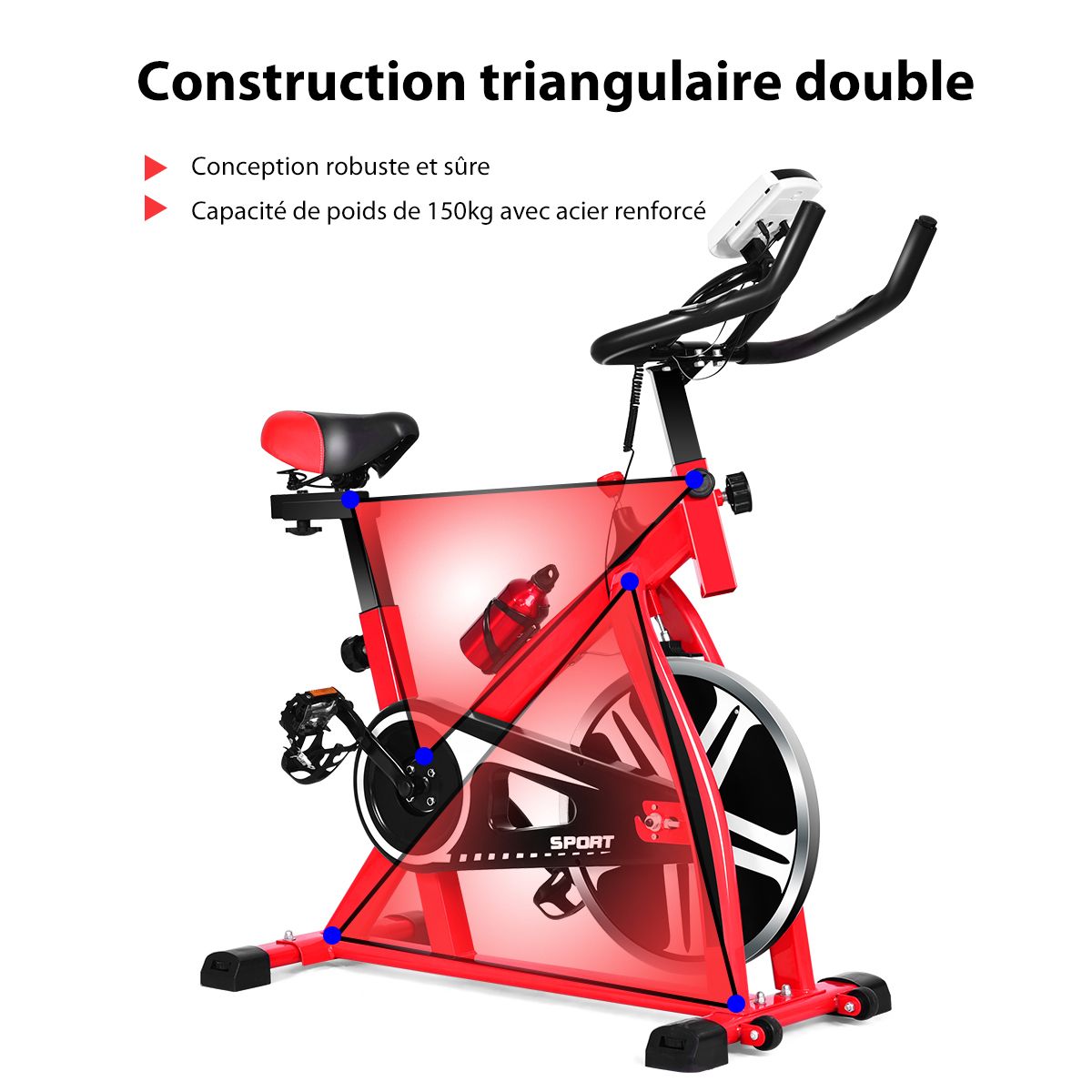 Vélo d'Exercice Intérieur avec Volant d'Inertie 8 KG Silencieux Bouilloire Porte-gobelet Ecran LCD Selle et Huidon Réglables -