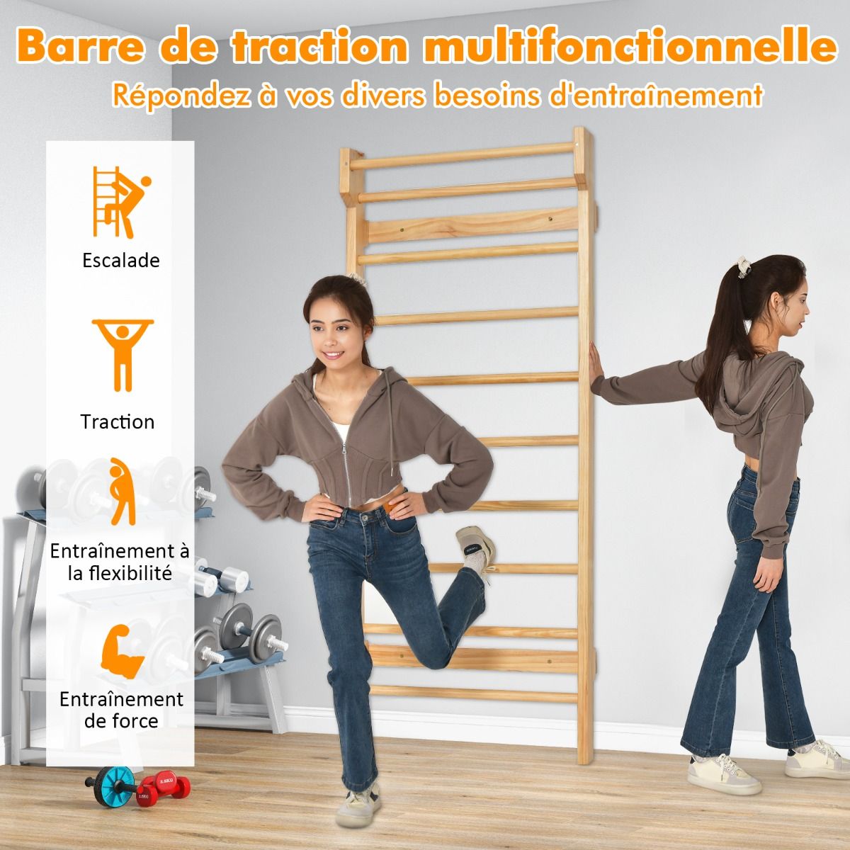 Espalier Mural Espalier de Gymnastique Capacité 150 kg Diamètre Barre 3,3 cm en Bois de Pin 195x80x14cm Naturel -
