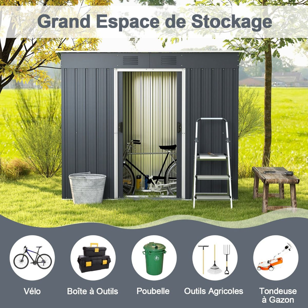 Abri de Jardin Métal 2,4 ㎡ Toit Monopente Cabane de Jardin 2 Portes Coulissantes Verrouillables Fondation 2 Trous d'Aération Gris -