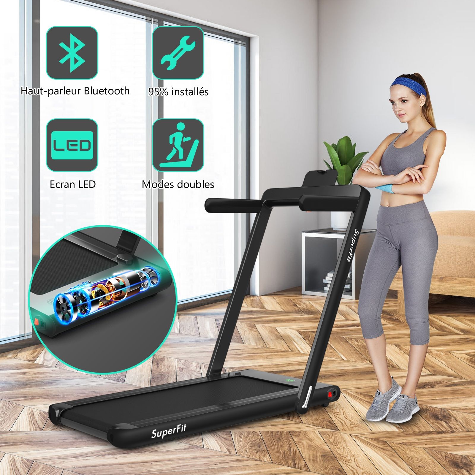 2 en 1 Tapis de Course Electrique Pliable 1  12 Km/H avec Haut-parleur Bluetooth Tlcommande Moteur 0,75HP Vert/Blanc/Noir/Rouge/Or/Noir et Argent/Bleu -