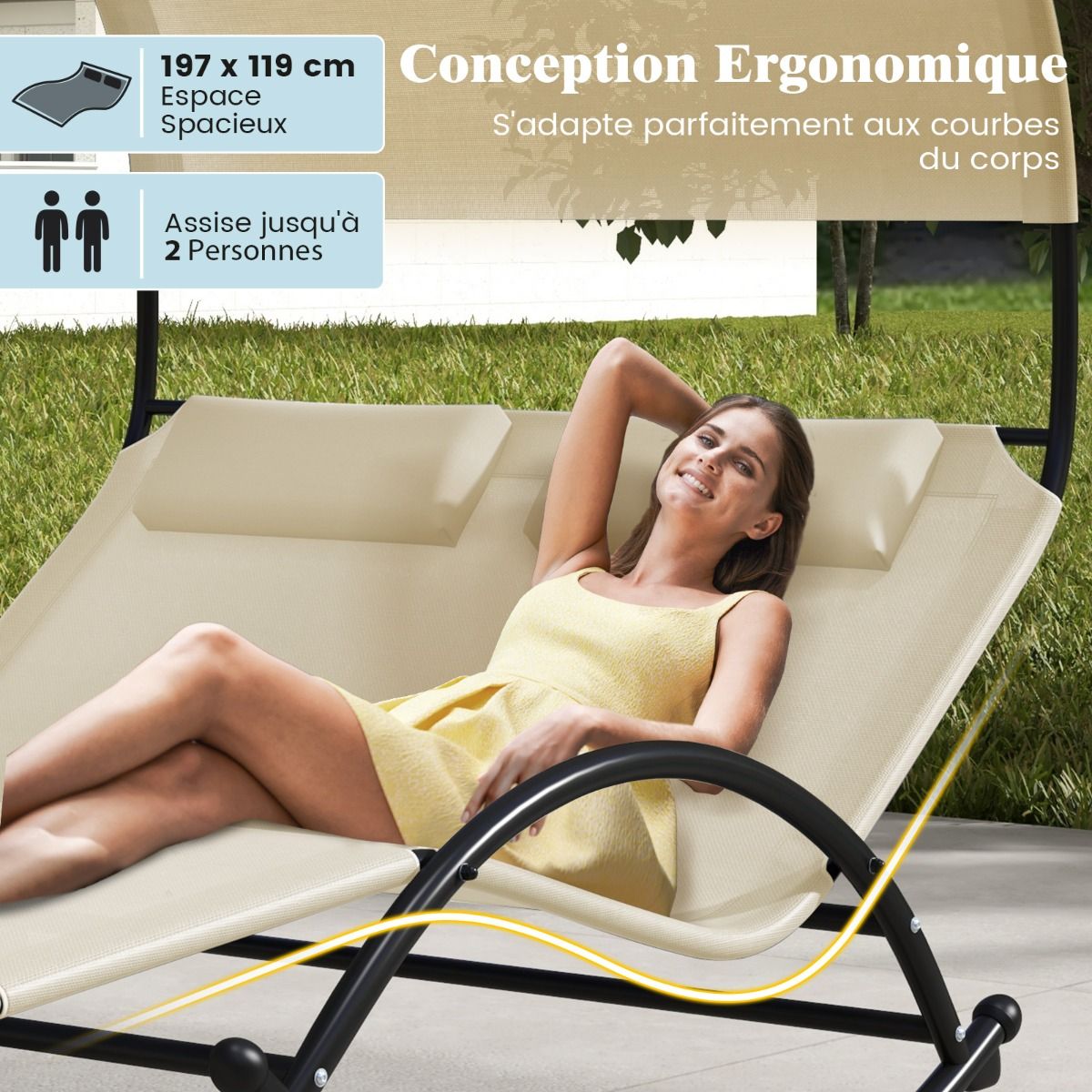 Chaise Longue Double Chaise à Bascule pour 2 Personnes 2 Appui-Têtes Amovibles Cadre en Métal Robuste Lit de Repos Ergonomique 2 Places Gris/Noir/Beige -