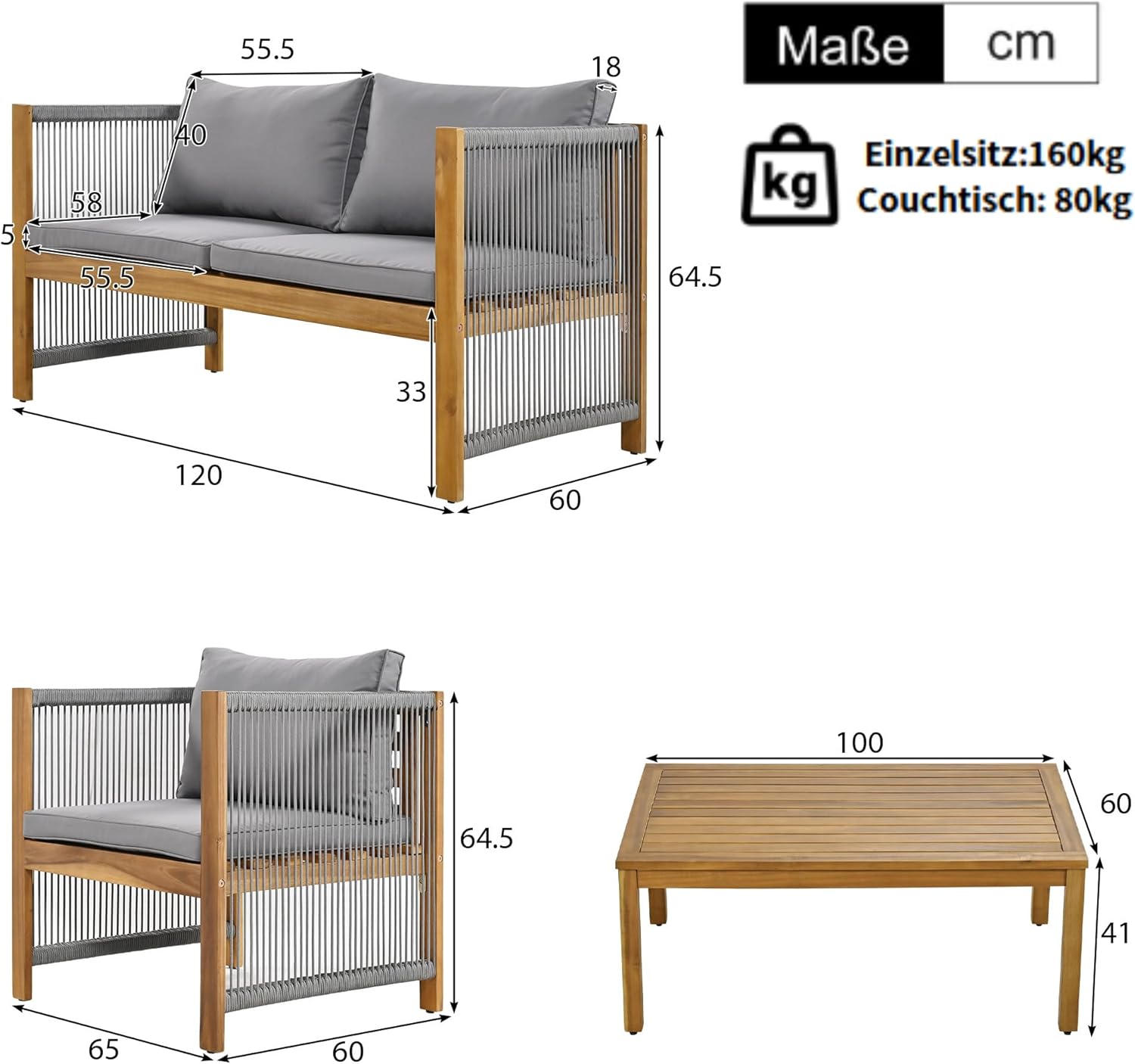 Salon de Jardin,Salon de Jardin 4 Personnes,avec canapé,Table Basse et Coussins,Housse en Tissu déhoussable et Lavable,Noir (Coussins d'assise Inclus)