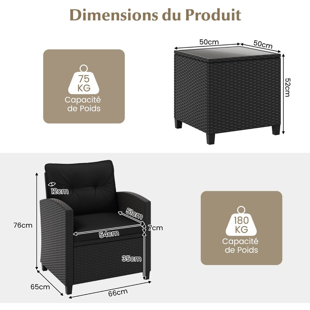 Ensemble de Meubles 3 Pièces de Patio en Rotin Charge 180KG Salon de Jardin 2 Fauteuils Table Basse avec Plateau Noir/Beige/Blanc -