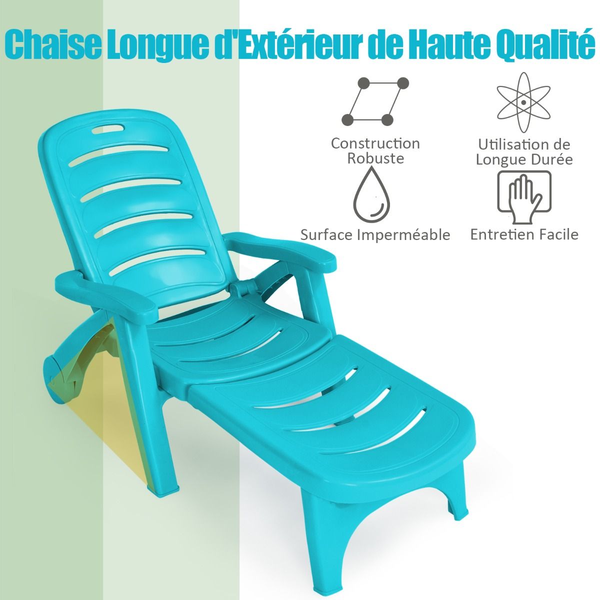 Chaise Longue Pliable Dossier Inclinable à 5 Positions avec Roues Intégrées pour Terrasse Jardin Piscine 150 kg Gris/Blanc/Bleu -