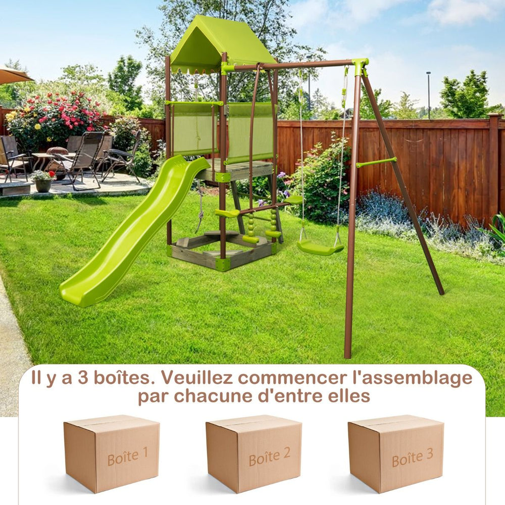 Balanoire 7-en-1 Aire de Jeu en Mtal avec Fort Couvert Rglable en Hauteur Corde d'Escalade Bac  Sable Glisseur Toboggan Ondul Vert -
