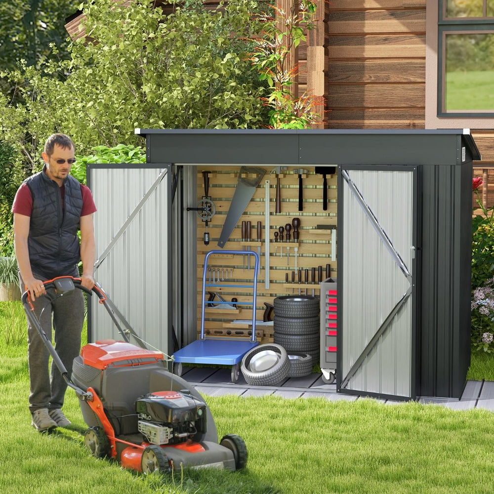 Abri de Jardin Extérieur Abri à Outils de Jardin avec 2 Portes Design Incliné Aérations Cadre en Métal Galvanisé 235x117x185cm Gris Foncé -