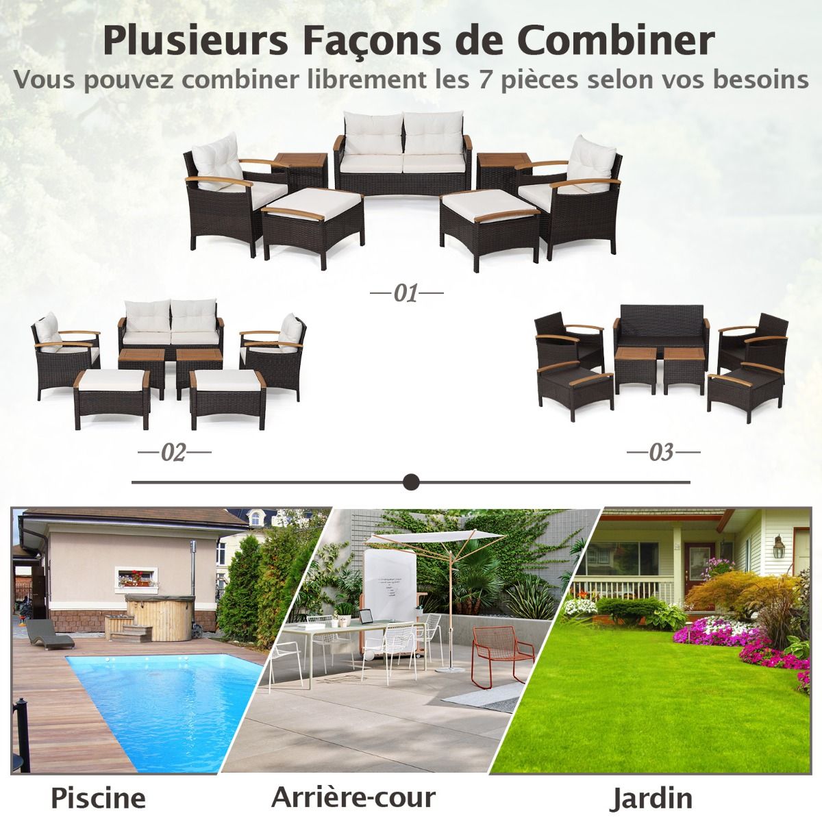 Ensemble de Canapés de Patio en Rotin PE 7 Pièces avec Coussins d'Assise et de Dossier 2 Poufs 2 Tables Basses Plateau de Table -