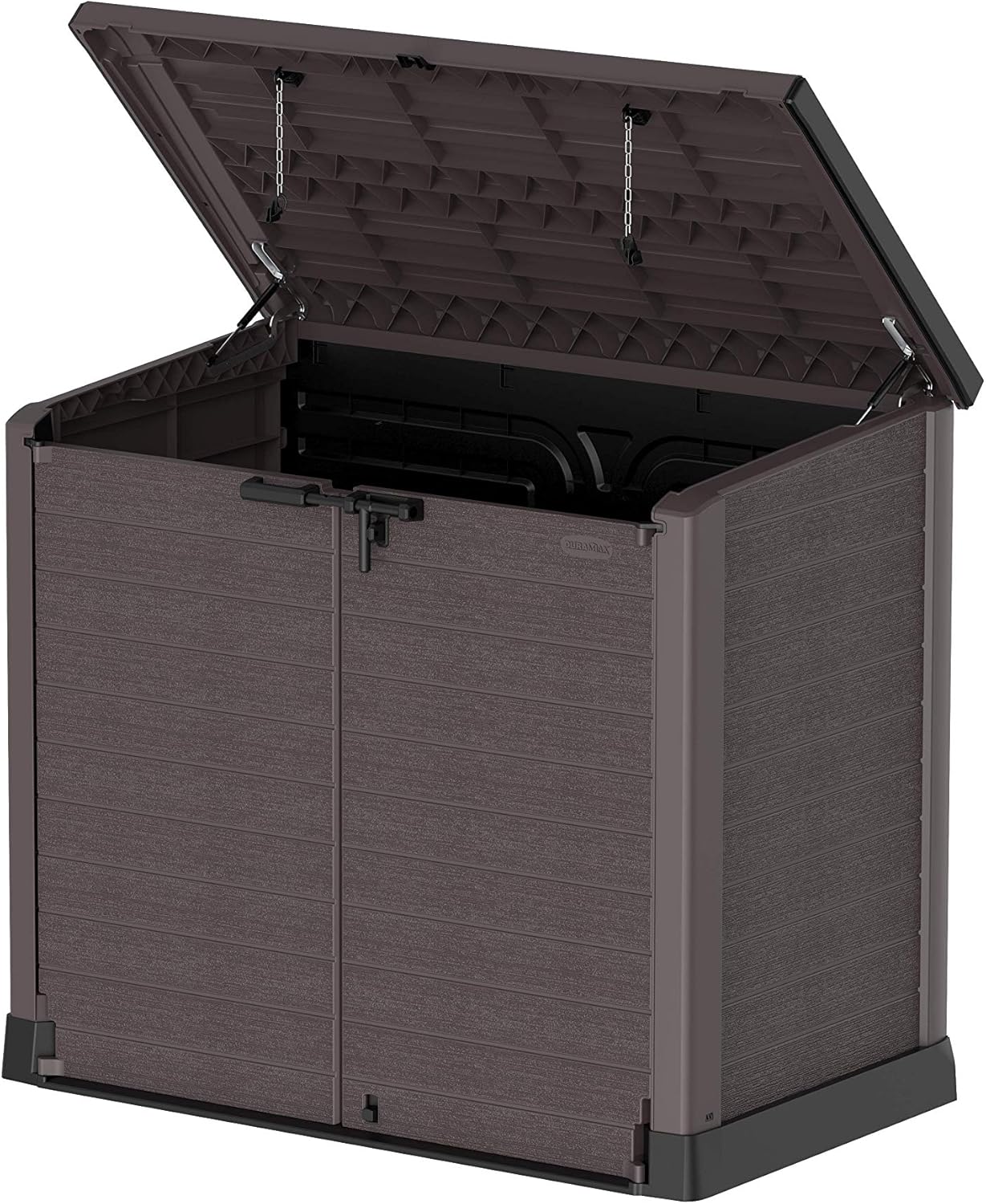 Duramax StoreAway 1200L Plastic Garden Shed/ Flat Lid,Outdoor Storage Shed,Wheelie Bin Hideaways,Wheelie bin box,Durable Construction,Ideal for Bikes,BBQs & 2x 240L Bins,145x85x125 cm,Brown