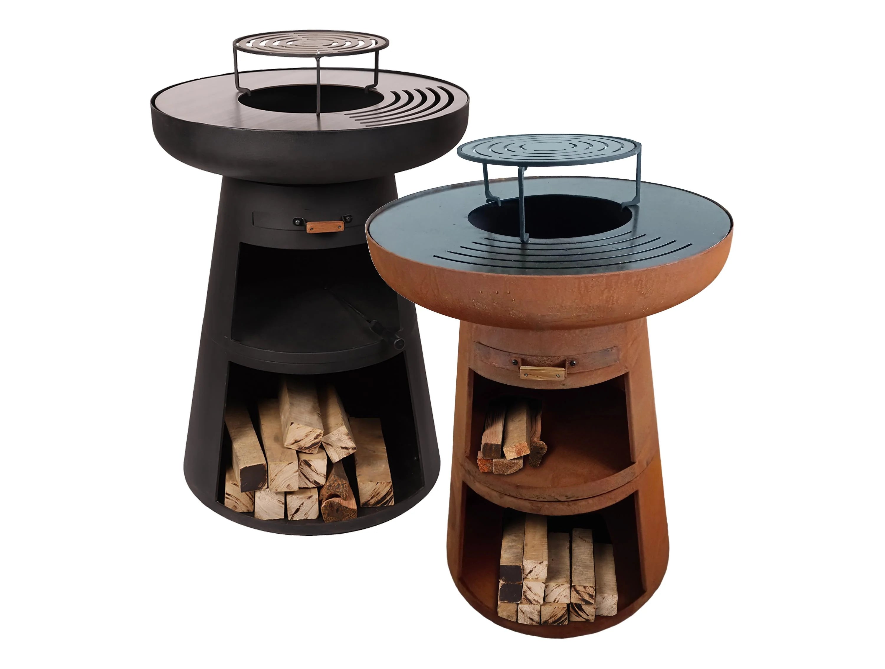 Barbecue rond avec plaque ronde en acier et grille en acier corten -