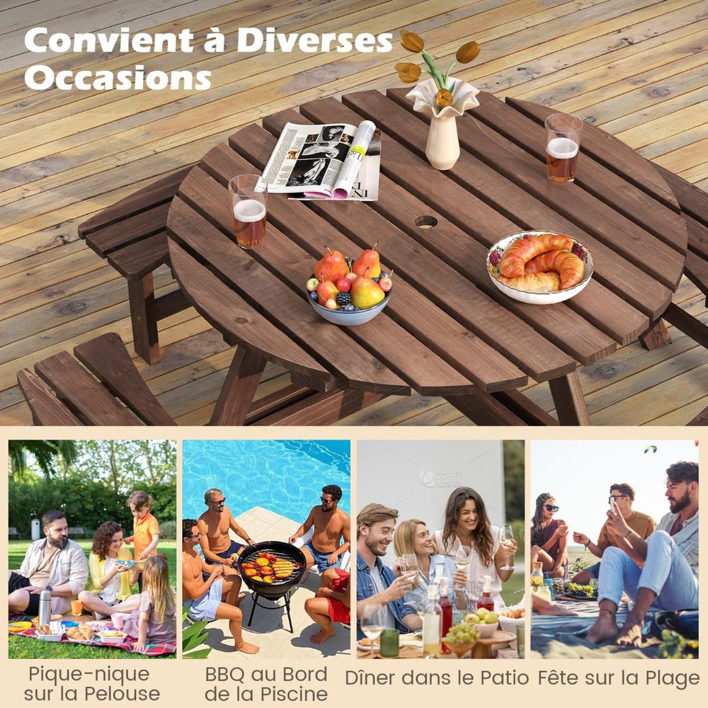 Ensemble Table de Pique-Nique en Bois pour 2  8 Personnes Set Table et Banc Circulaire avec 4 Bancs Intgrs Trou de Parasol de 5cm Marron/Jaune -
