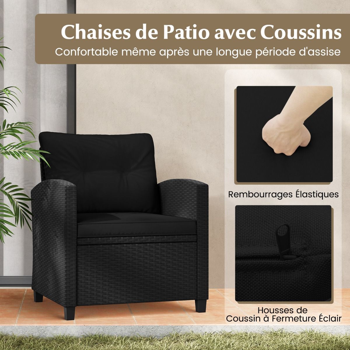 Ensemble de Meubles 3 Pices de Patio en Rotin Charge 180KG Salon de Jardin 2 Fauteuils Table Basse avec Plateau Noir/Beige/Blanc -