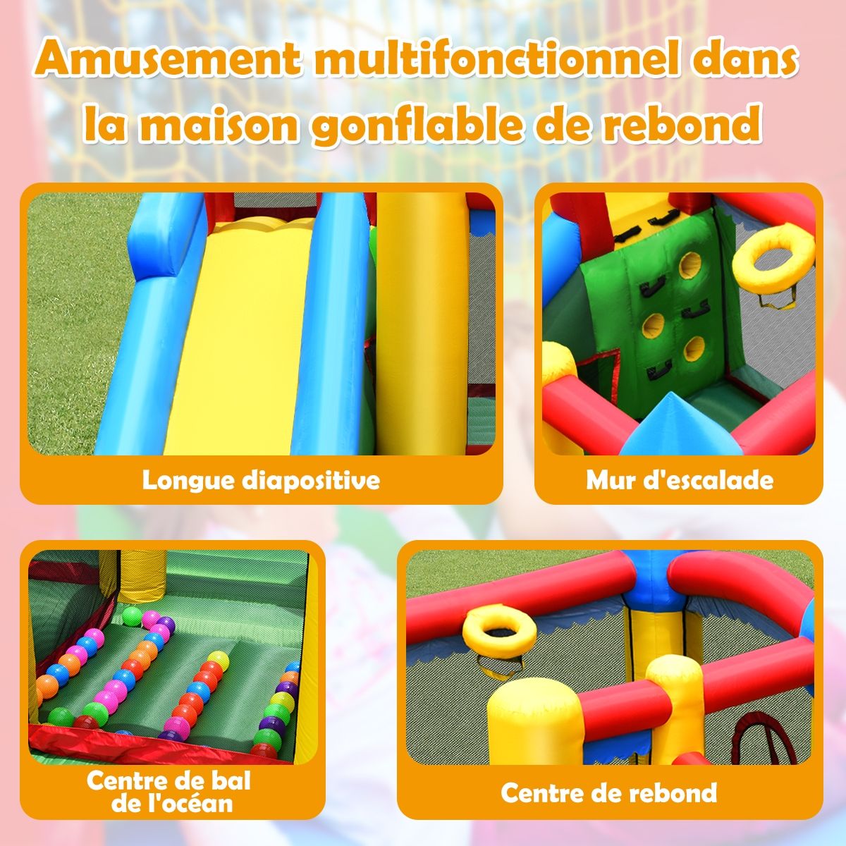 Ch芒teau Gonflable 4 en 1 pour Enfant 3-10 Ans avec Toboggan Aire de Saut Mur d橢scalade Panier de Basketball -