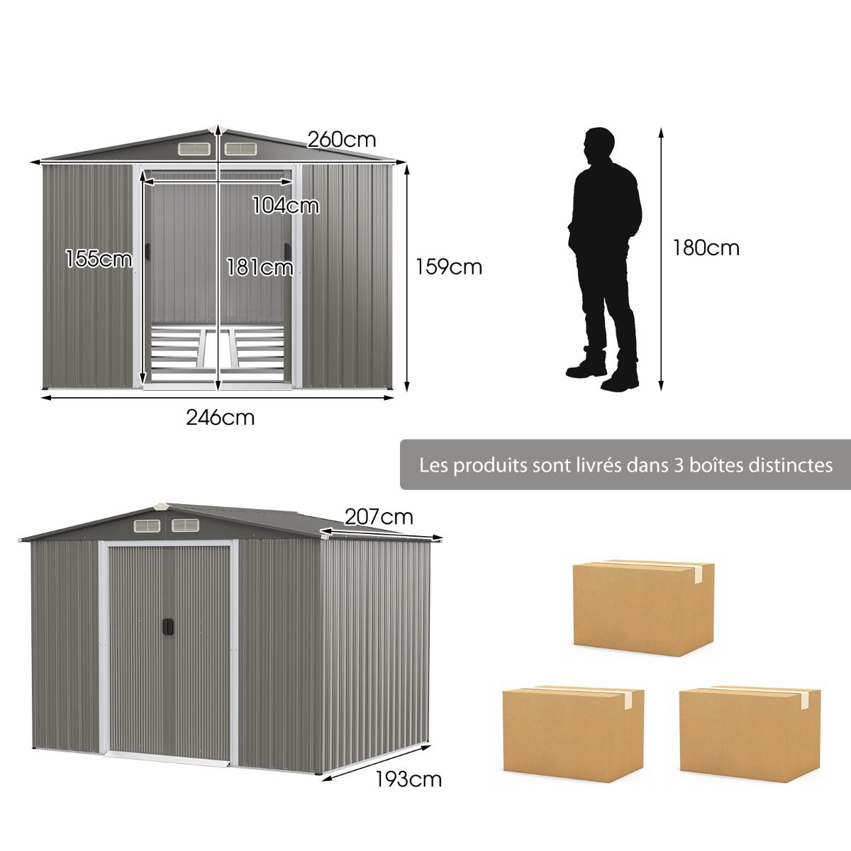 Abri de Jardin Mtal Extrieur 9.74m鲁 Acier Galvanis avec Fondation 4 Persiennes Double Porte et Rampe 260 x 207 x 181 cm Gris Fonc/Gris Clair -