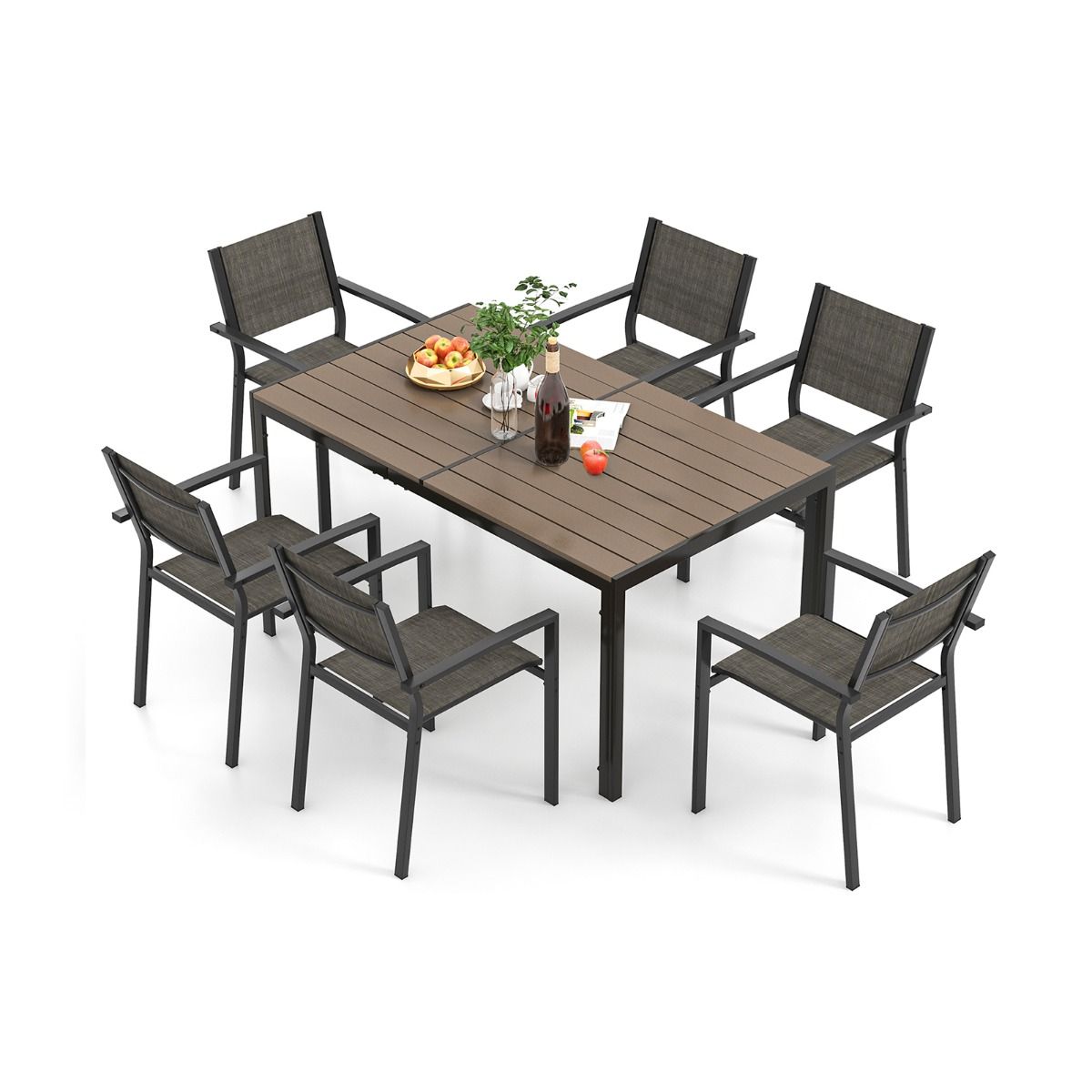 Ensemble de Meubles de Patio 7 Pices pour 6 Personnes Salon de Jardin avec 6 Chaises Empilables et Table Rectangulaire Gris -